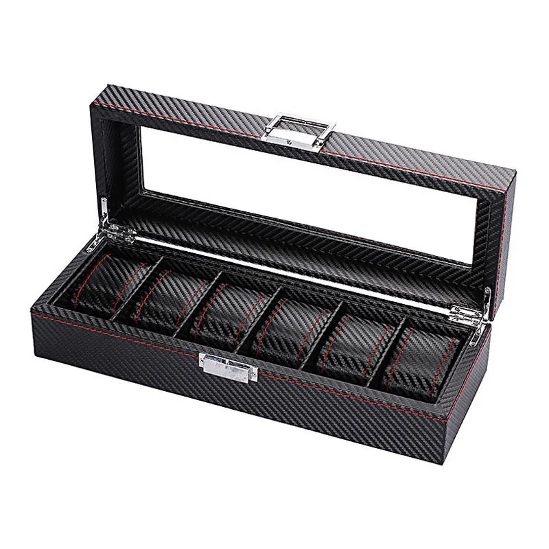 Watch Box 6 Slot Watch Box Organizer for Men Display Case with Glass Topped for Gift Business Carbon Fiber Leather