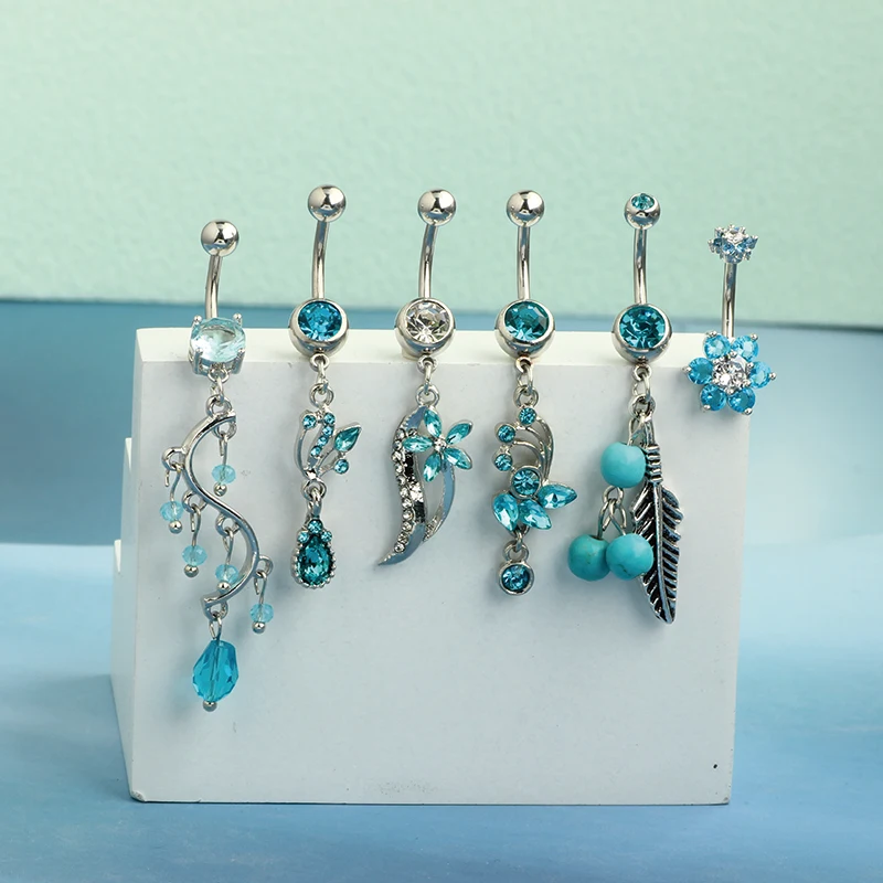 1-6PCS Blue Crystal Belly Button Rings Stainless Steel Heart Navel Piercing Barbell For Women Butterfly Belly Ring Beach Jewelry