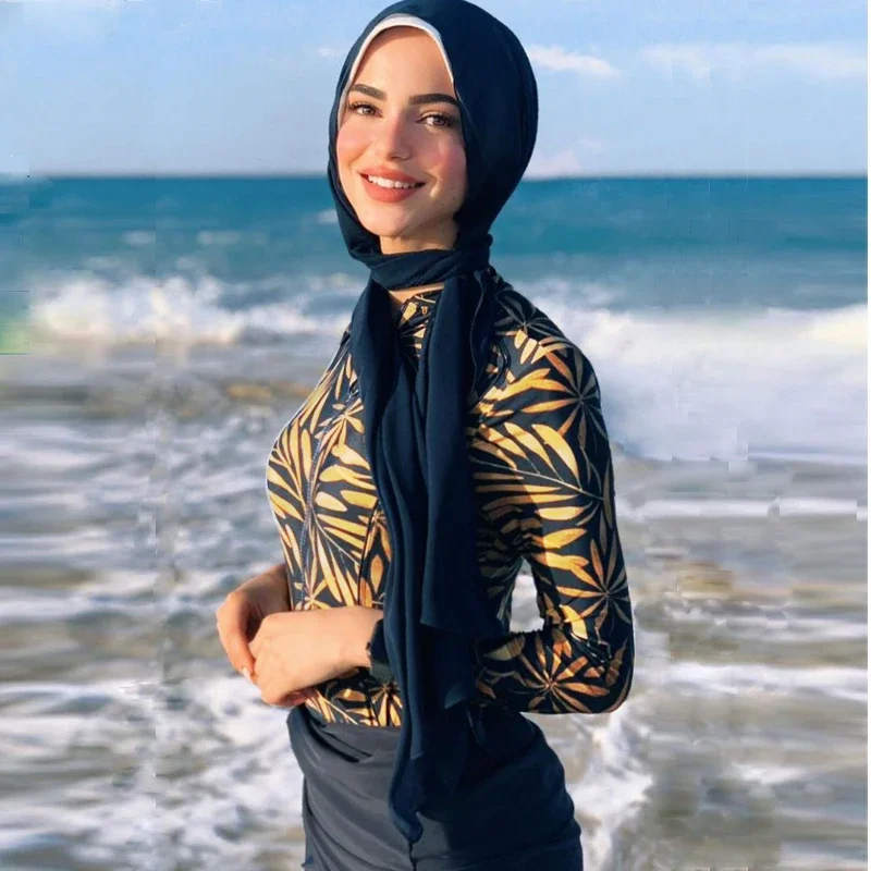 

Muslim Swimwear Women Modest Patchwork Hijab Long Sleeves Sport Swimsuit 3pcs Islamic Burkinis Wear Bathing Suit