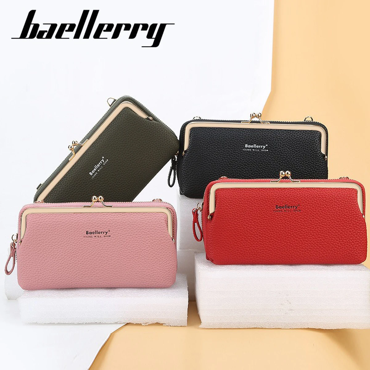 Baellerry Lychee Pattern Horizontal Crossbody Bag, Women's Multifunctional Phone Wallet, PU Leather RFID Blocking Hands-Free