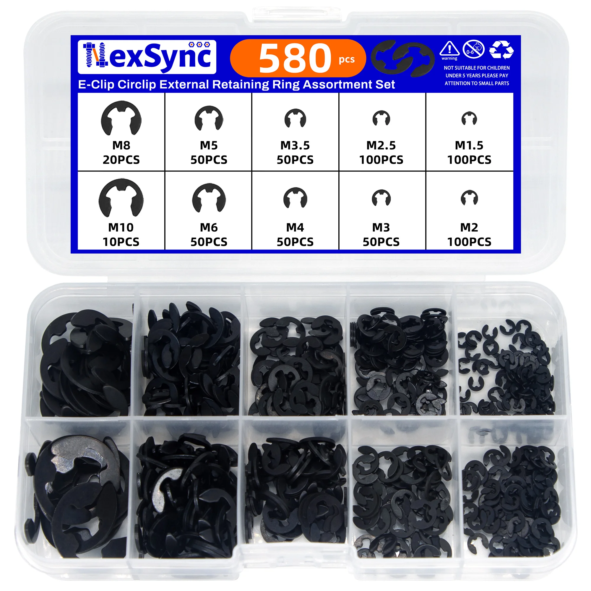 304 Stainless steel E Clip External Retaining Ring Washer Assortment kit M1.5 M2 M3 M4 M5 M6 M7 M8 M9 M10 200/580pcs for Shaft