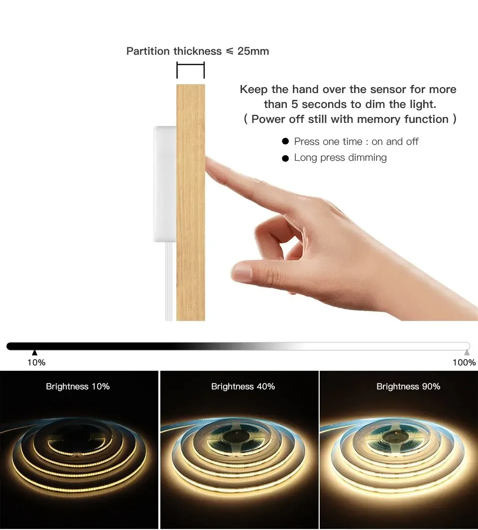 Description Picture 6 of itemDimmable USB 5V LED Under Cabinet Light COB Strip With Penetrable Wood Mirror Hand Scan Touch Sensor Switch DIY Kitchen Lighting
