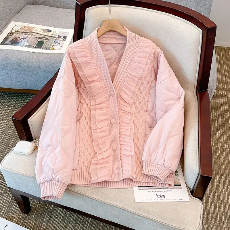 

Winter V-neck cotton jacket for women 2023 Korean version loose long sleeve outer wear lazy knit patchwork cotton parkas female