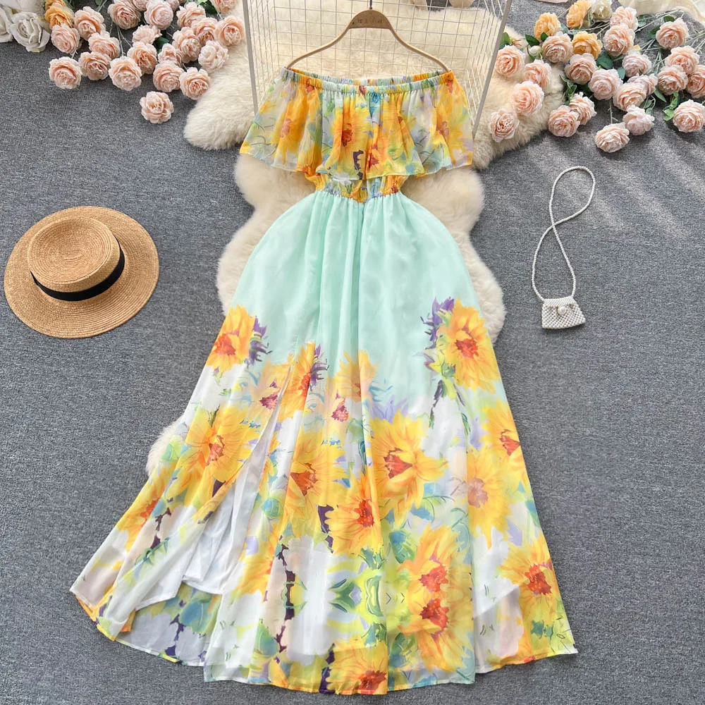 

Summer Off Shoulder Fashion Runway Maxi Dress Women's Slash Neck Elastic High Waist Split Flowers Print Holiday Party Long Robes
