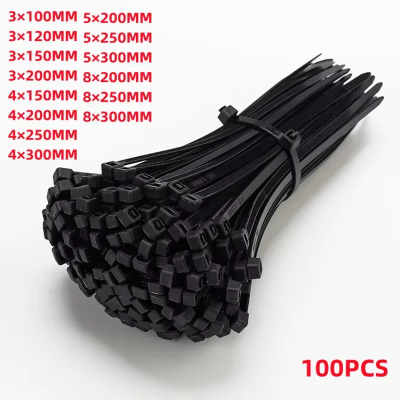 รูปสินค้า สายรัดสายเคเบิลไนลอนอัตโนมัติ 100 ชิ้น รัดแน่น ทนทาน สีดำ