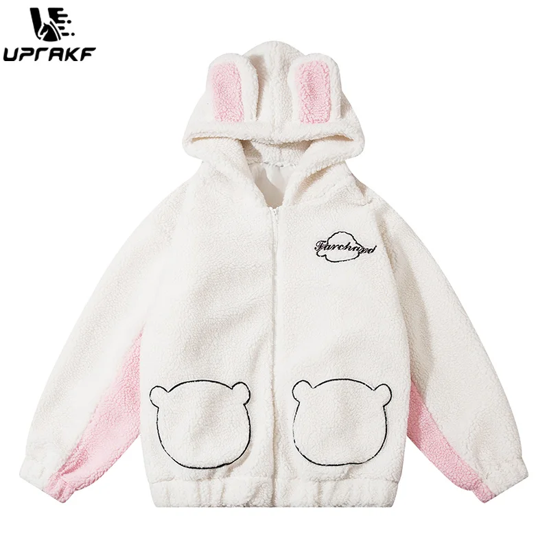 

UPRAKF Cute Rabbit Warm Winter Long Sleeve Patchwork Outwear Chic Loose Zippers Pocket Coat Harajuku Fall Hoodie