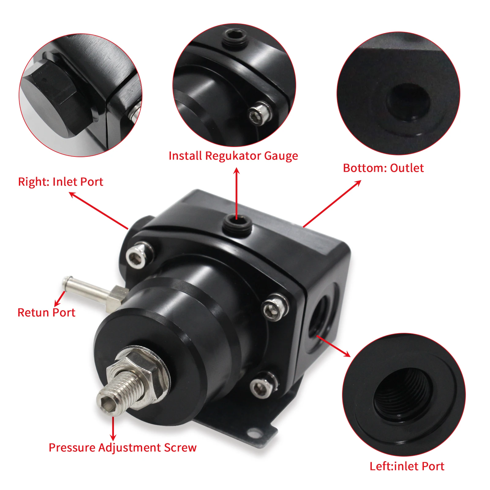 Universal Adjustable Fuel Pressure Regulator 100psi Gauge AN 6 Fitting End-Black fuel pressure regulator