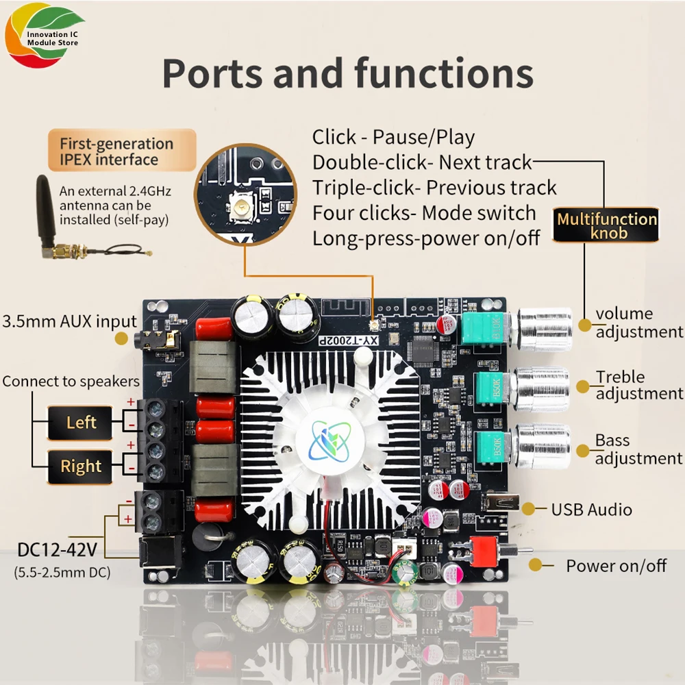 XY-T2002P 업그레이드된 Bt 디지털 앰프 보드 200W * 2 고음 및 저음 주파수 조정 Tpa3223 칩