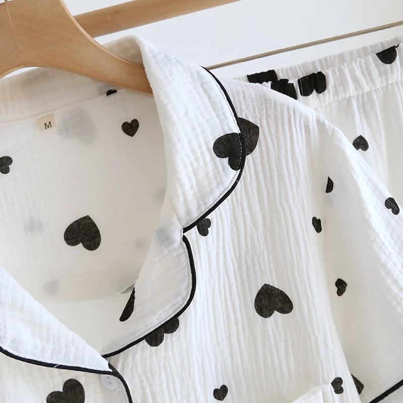 2024 New Summer Women's Pajama Set 100% Cotton Crepe Short Sleeves Shorts Two Piece Set Love Lovely Sweet Home Fury Thin Ladies