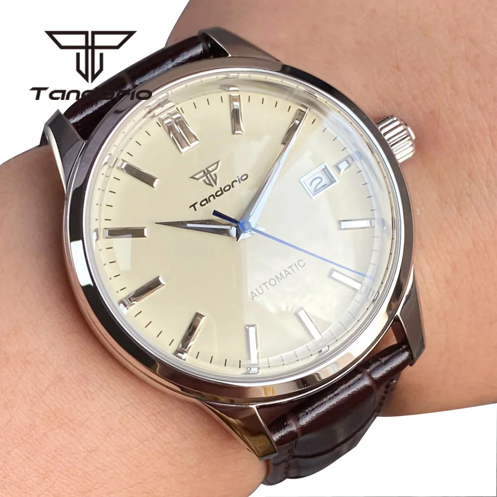 Tandorio Dress NH35A Double Domed Sapphire Crystal 40mm Automatic Watch for Men Polished 20ATM Date Leather Band Luminous