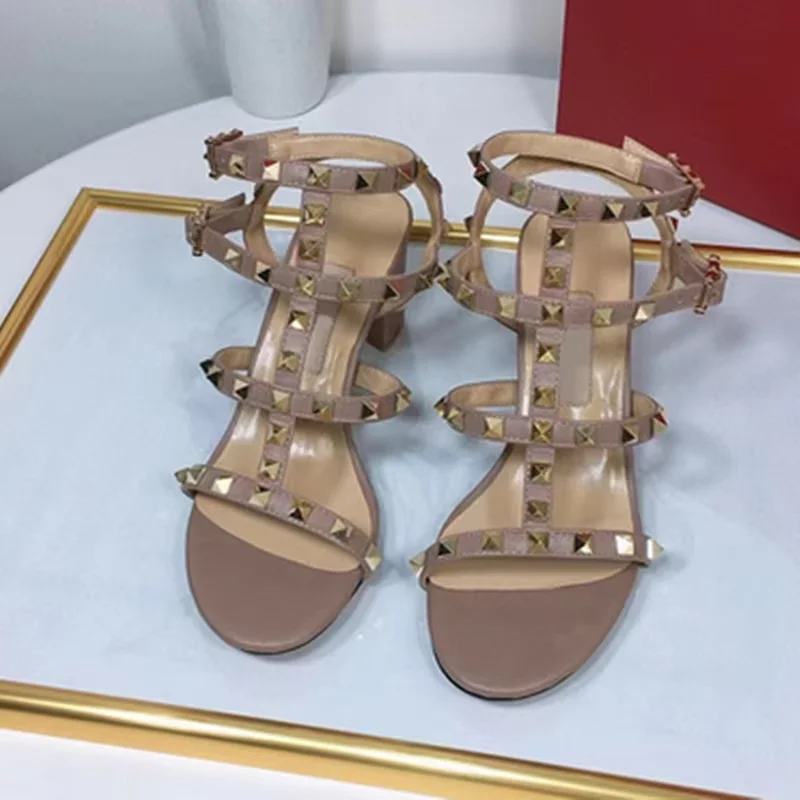 Women Famous Brand Sandals Anklep Wrap Buckle Strap Front Open Toe Null Shoes With Gold Studded Microfiber Leather 6cm Pumps 43 6