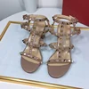 Women Famous Brand Sandals Anklep Wrap Buckle Strap Front Open Toe Null Shoes With Gold Studded Microfiber Leather 6cm Pumps 43 6