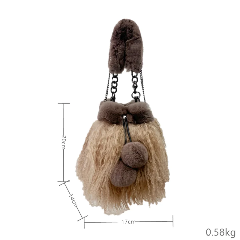 Ladies New Solid Color Fur Bag Beach Wool Fur Spliced Rabbit Hair Tote Bag Temperament Ladies Large Capacity Bucket Bag