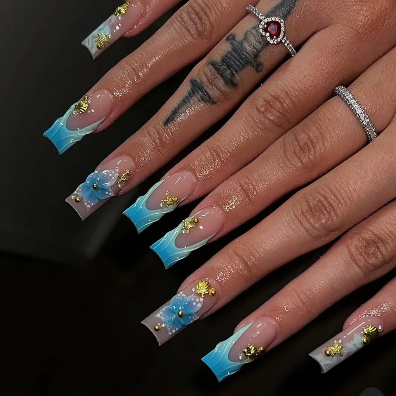 24개 심플 프렌치 프레스온 네일, 짧은 스퀘어 프레스온 네일, 꽃 모양 라인스톤 가짜 네일, 풀커버 웨어러블 네일 아트