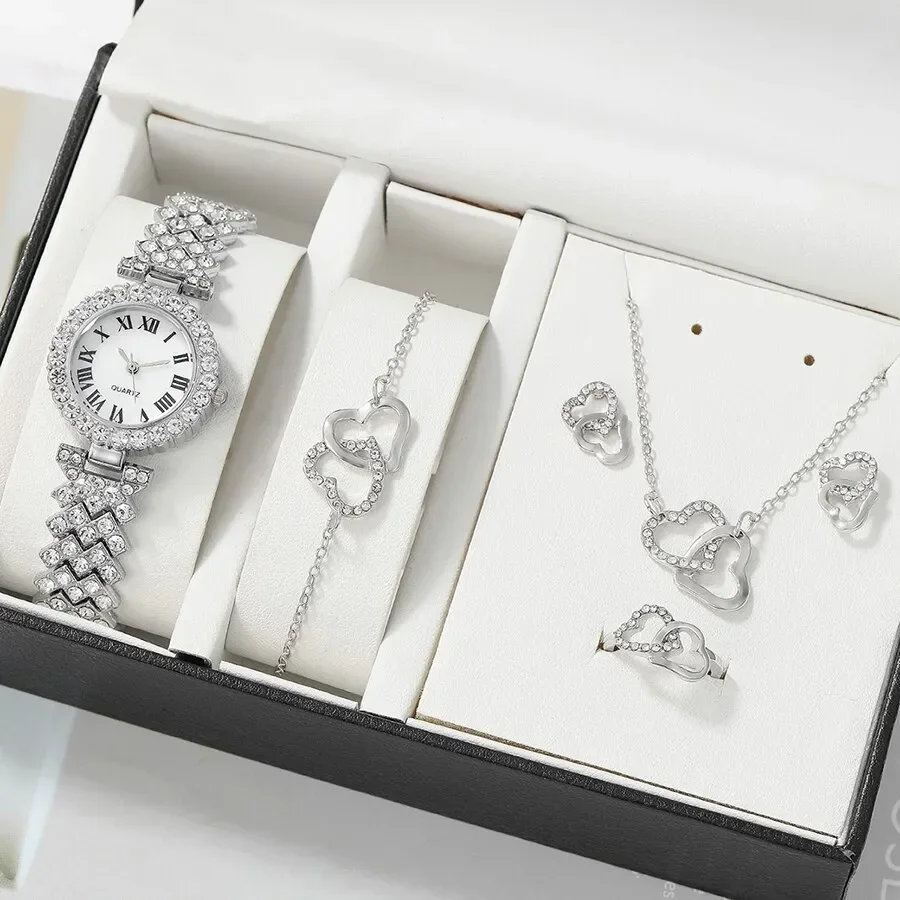 Women Watches 2/6pc Set Rose Gold Luxury Watch Women Ring Necklace Earring Rhinestone Fashion Wristwatch Casual Ladies Bracelet Watches