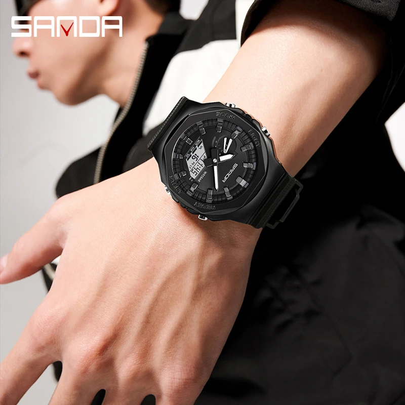 SANDA New Style Men Military Sport Wrist Watch Blue Quartz Steel Waterproof Dual Display Male Clock Watches Relogio Masculino
