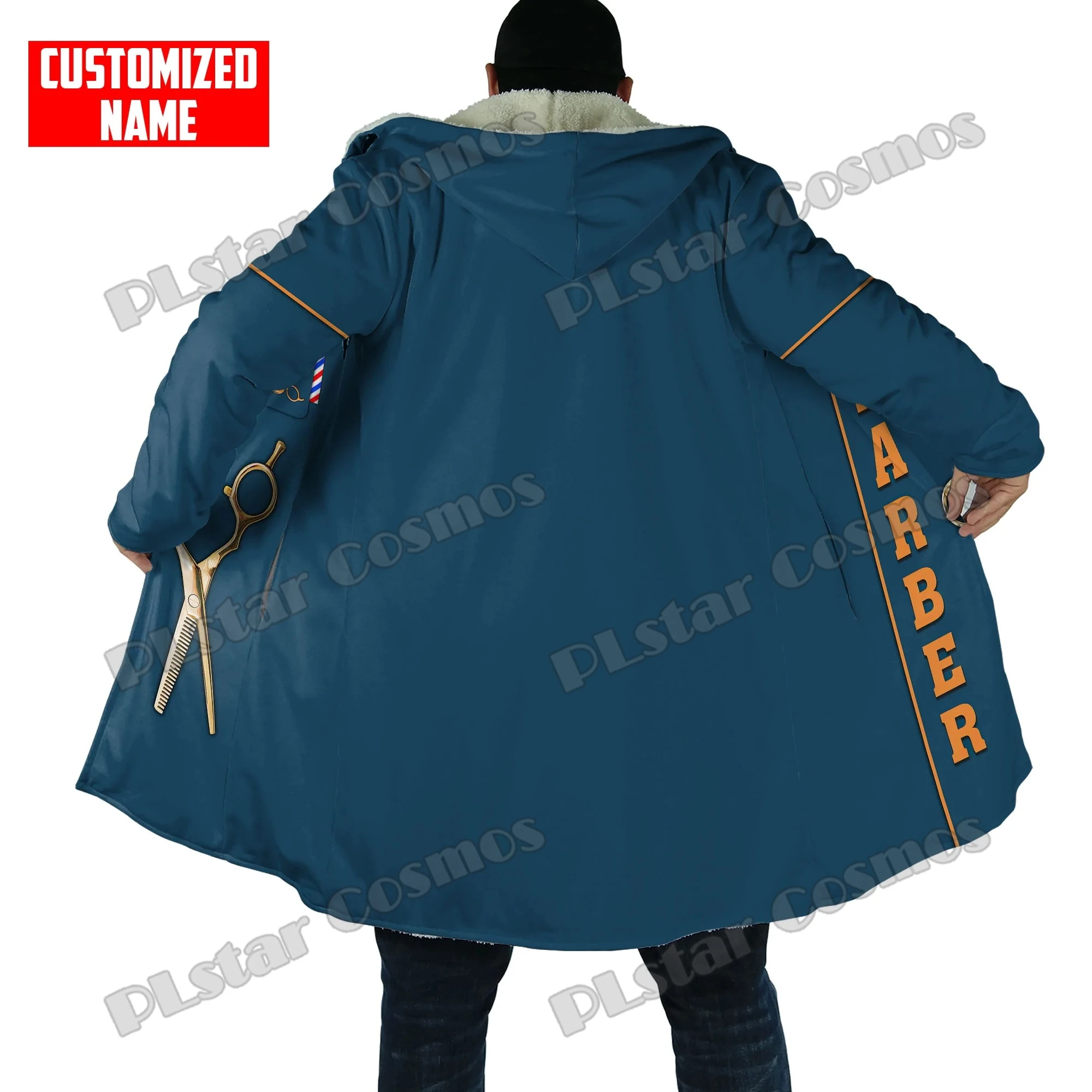 Winter Fashion Mens Cloak Personalized Name Barber 3D Printed Fleece Hooded cloak Unisex Casual Thick Warm Cape coat PJ10