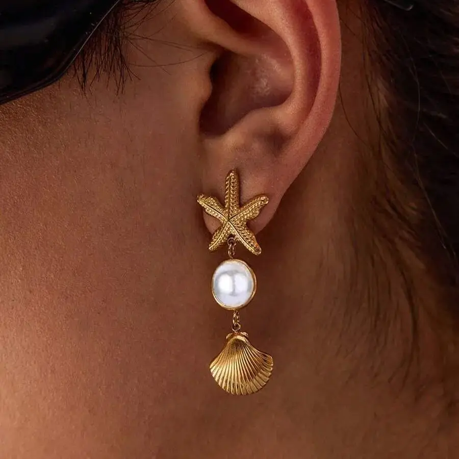 Pearl Starfish Shell Dangle Earrings Gold Color Stainless Steel Boho Jewelry