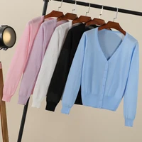 Summer Cardigan Women Cropped Korean Fashion Style Female Black Women's Coat Clothing V-neck Ladies Sweater Outerwear Cute Basic - Image 4