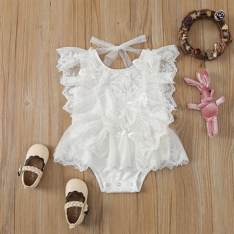 FOCUSNORM 0-24M Baby Girls Sweet Rompers Lace Flowers Butterfly Sleeveless Lace Up Button Summer Jumpsuits Clothes Baby Bodysuits medium