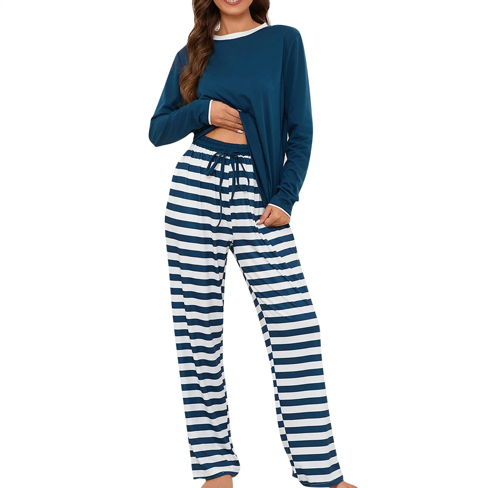 

Женский новый пижамный комплект из двух предметов, модный Свободный Топ с круглым вырезом и длинным рукавом, брюки-стринги в полоску, Женский комплект