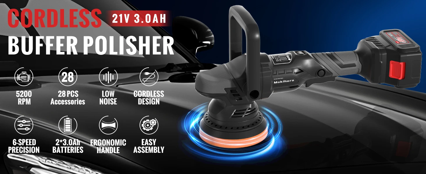 Cordless Buffer Polisher 5 Inch Random Orbital Car Polisher Waxer 6 Variable Spe