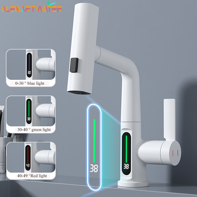  Waterfall Basin Faucet Pull-Out Kitchen & Bathroom Faucet Rainfall Temperature Digital Display No Battery SUS604 Stainless Steel