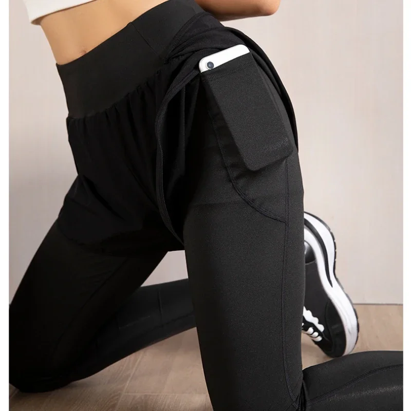 Women Gym Yoga Pants Shorts Legging Fake 2 Pcs Running Sports Pants With Phone Pocket Quick Dry Outdoor Fitness Workout Tights