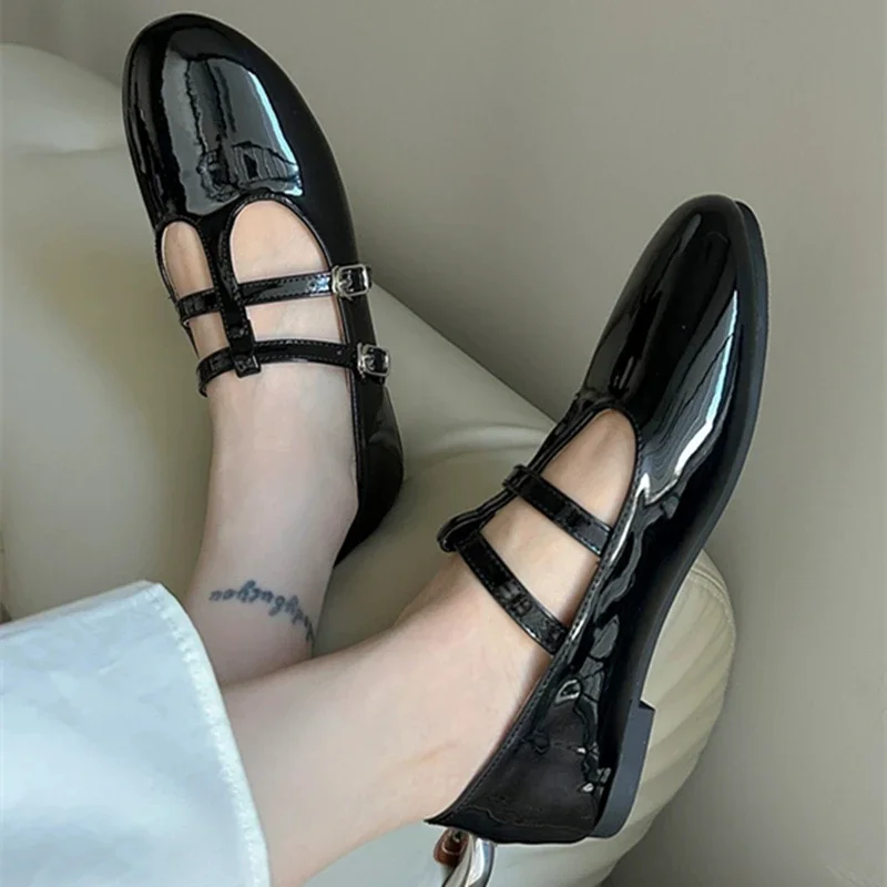 

2024 Spring and Autumn Seasons European and American Women's New Metal Double Button Mary Jane Shoes Round Toe Patent Leather Sh