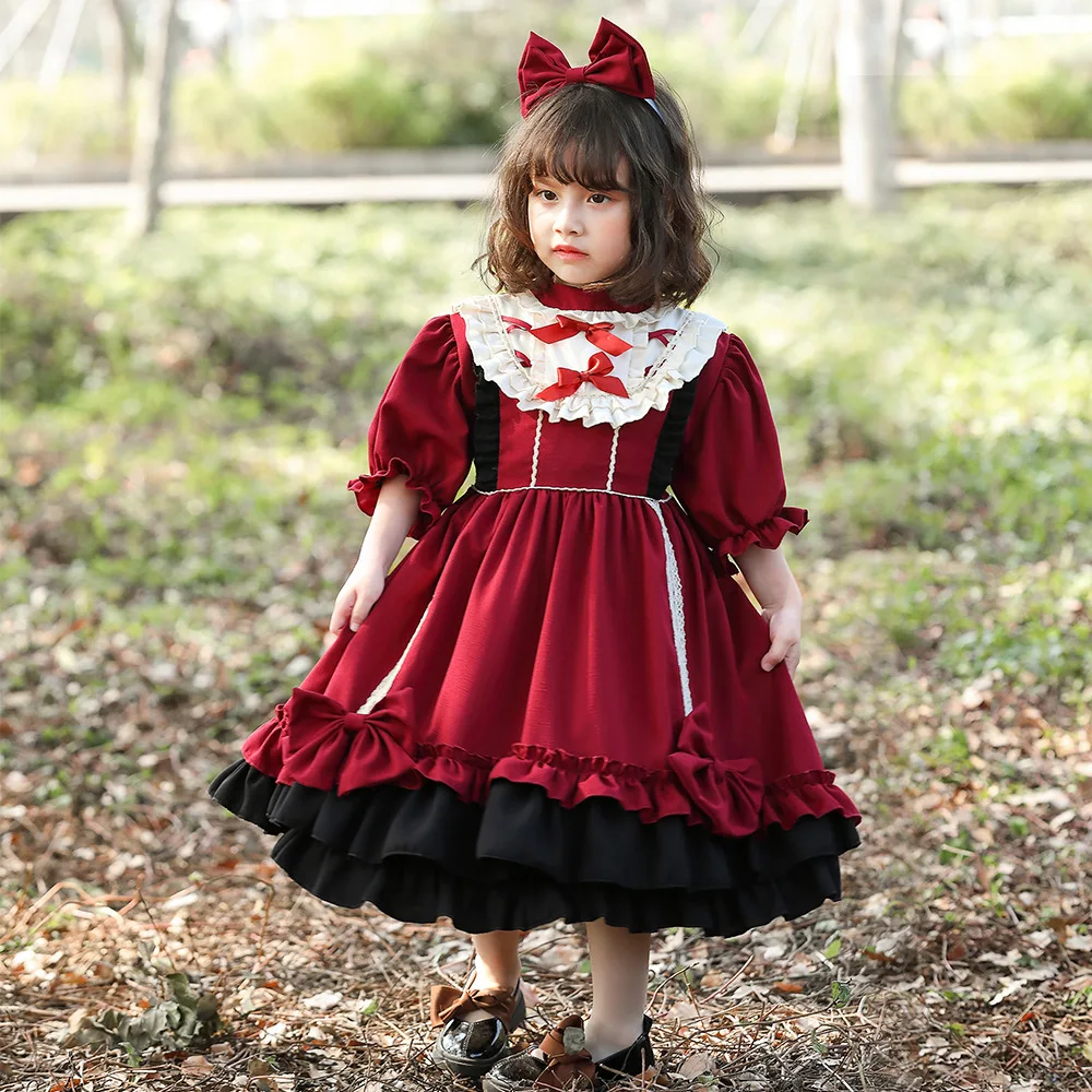 

New Lolita Red Dress for Children Princess Burgundy Maid Photography Art Halloween Cosplay Outfit Costumes