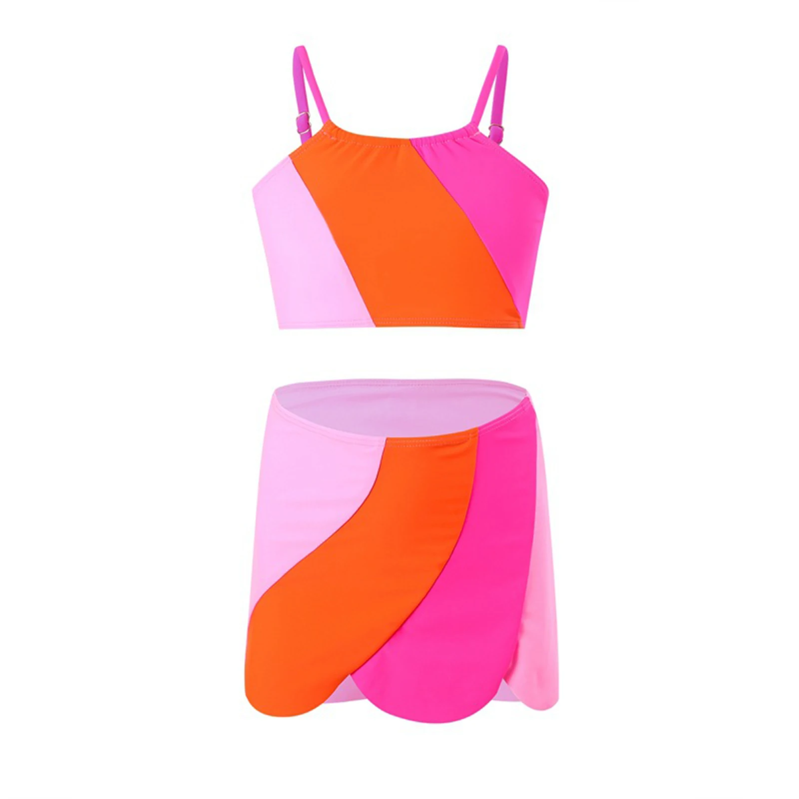 

TiaoBug Europe Kids Girls Bikini Set Three Pieces Swimsuit 2 to 12 Years Color Contrast Swim Tank Top Skirt and Briefs Beachwear