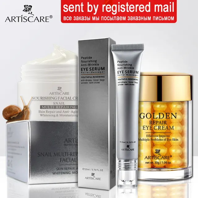 Crème visage réparatrice d'escargot artieffrayant + sérum yeux Peptide + crème yeux dorés soin visage Anti-rides supprimer les cernes soins de la peau