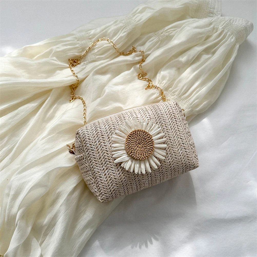 Round Straw-Like Bag with Daisies, for Girls Sandy Beige