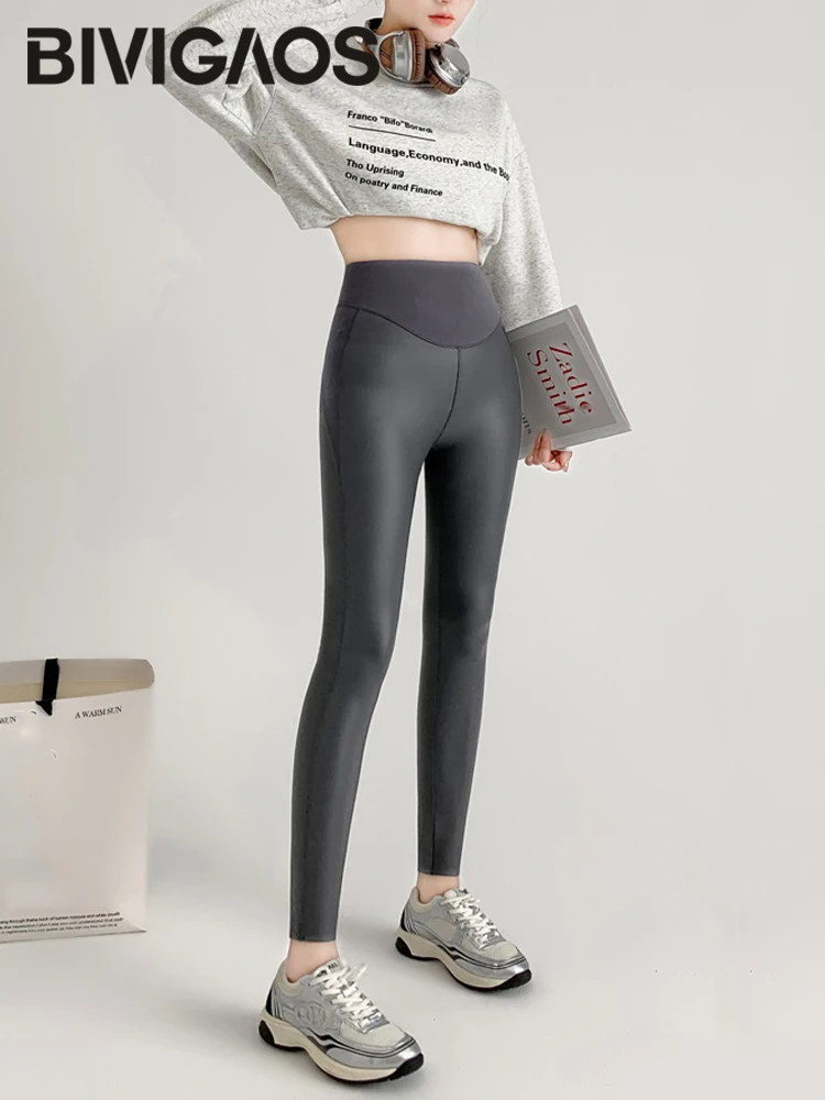 Waist Splicing PU Leather Fleece Sexy Leggings Winter Warm Fall New Tight Stretch Leather Pants Women Sharkskin High