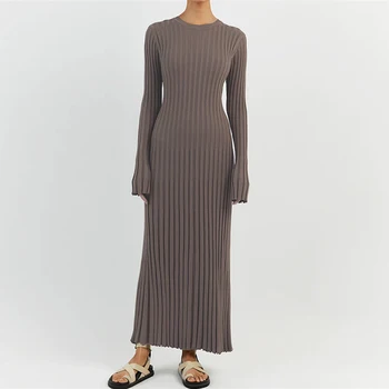 90s Vintage Tie Waist Dress Women Elegant Ribbed Knit Full Sleeve Maxi Dress Crew Neck Bodycon Pencil Long Dress Streetwear 1