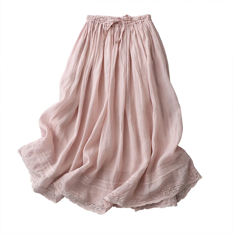 Women's A-Line Midi Skirt Elastic Waist Embroidered Thin Cotton Linen Spring Summer Pure Color Dstring f-length Skirt