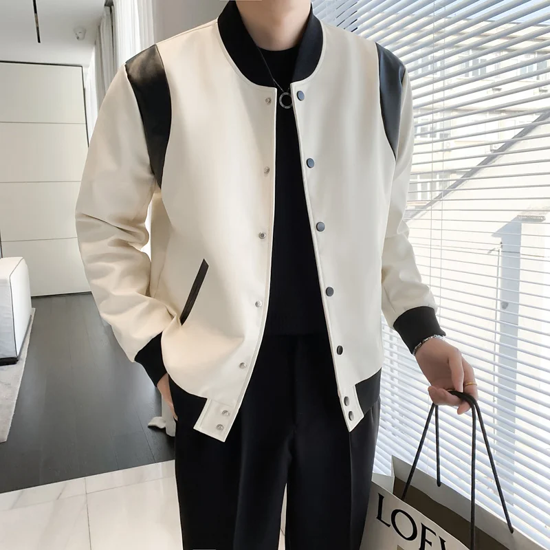 

Beige Black Leather Jacket Men Slim Fashion Casual Motorcycle Jackets Mens Streetwear Korean Bomber Jacket Men Outwear M-3XL