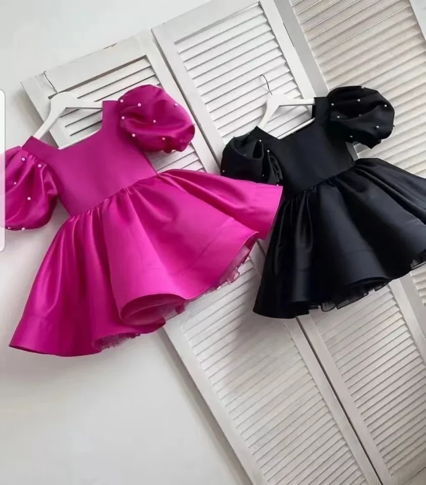 Pearls Flower Girl Dress Scoop Neckline Puff Girls Party Dresses for Wedding Short Sleeves Satin Kids Christmas Ceremonial Dress