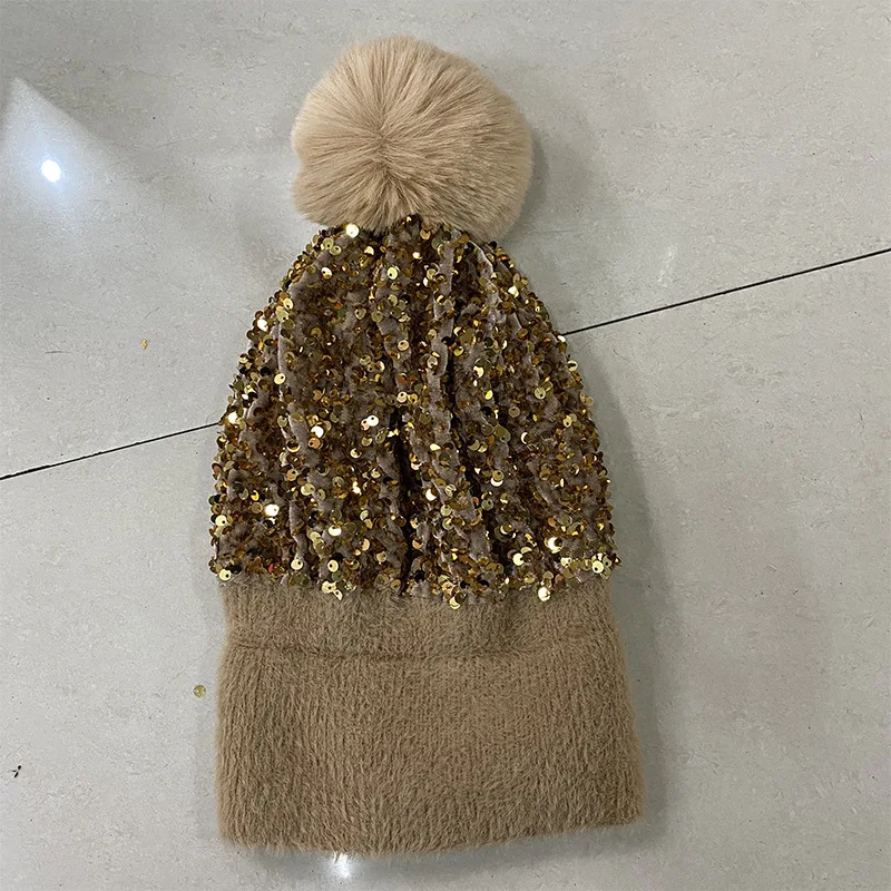 New hat knitted beanie autumn winter sequined furball hat women's korean version women's fashion thickened winter toe hat_voghion.com