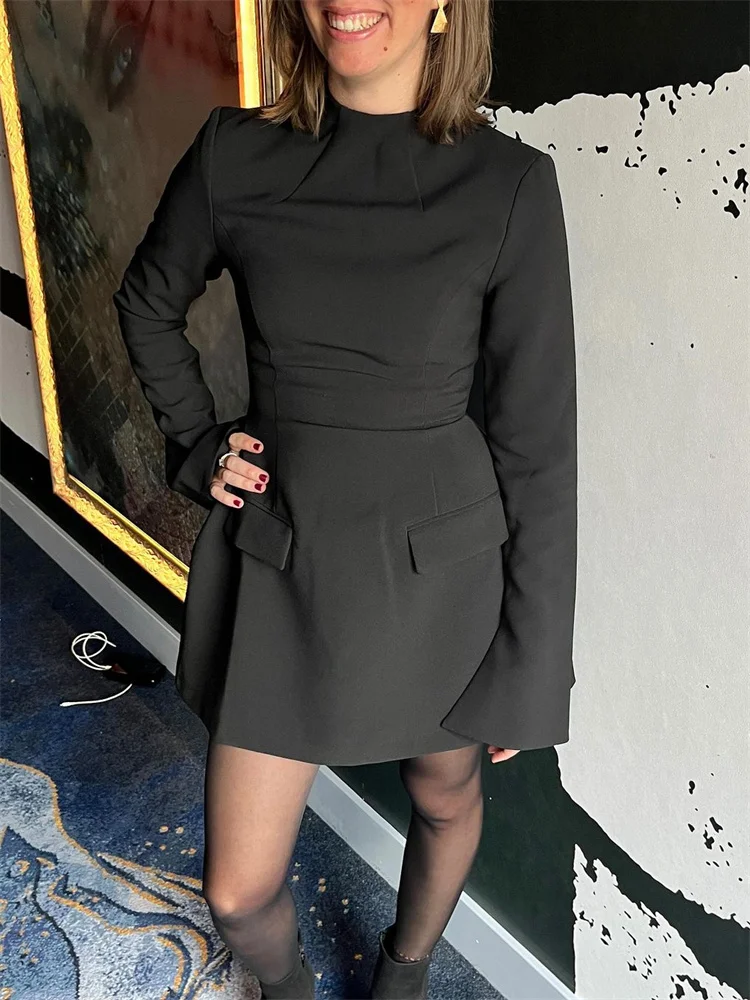Female Autumn Elegant Mini Dress Women's Pocket Patchwork Slim Long Sleeve Commute Clothes Female Solid Casual Mini Dress