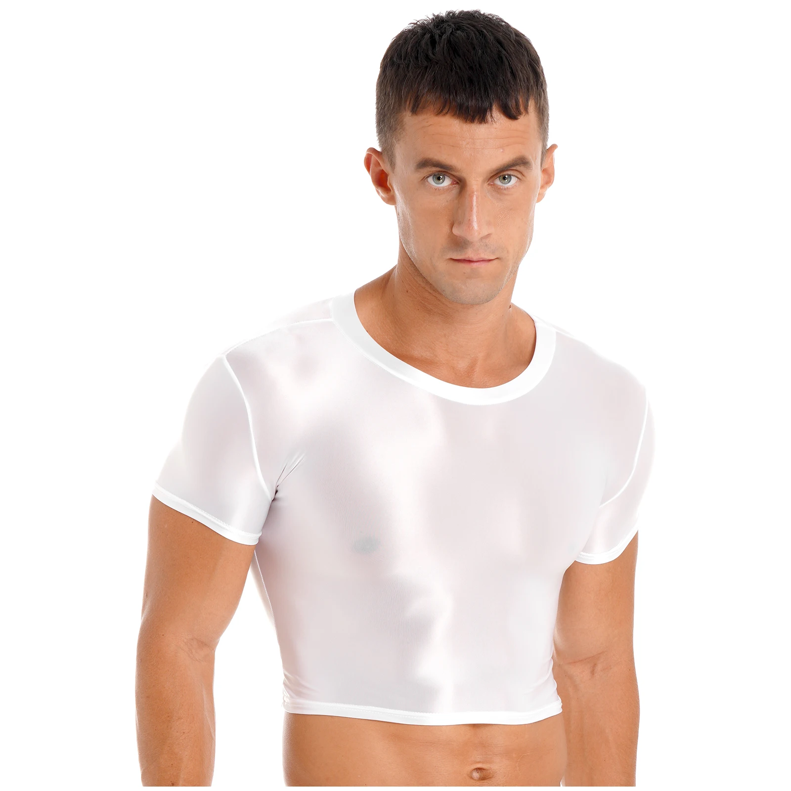 Mens Swimsuit Tops Solid Color Round Neck Slim Fit T-shirt Short