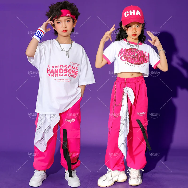 

Hip Hop Girls Short Sleeve Crop Top Pink Cargo Pants Boys T-shirt Street Dance Joggers Streetwear Kids Sweet Jazz Clothes Sets