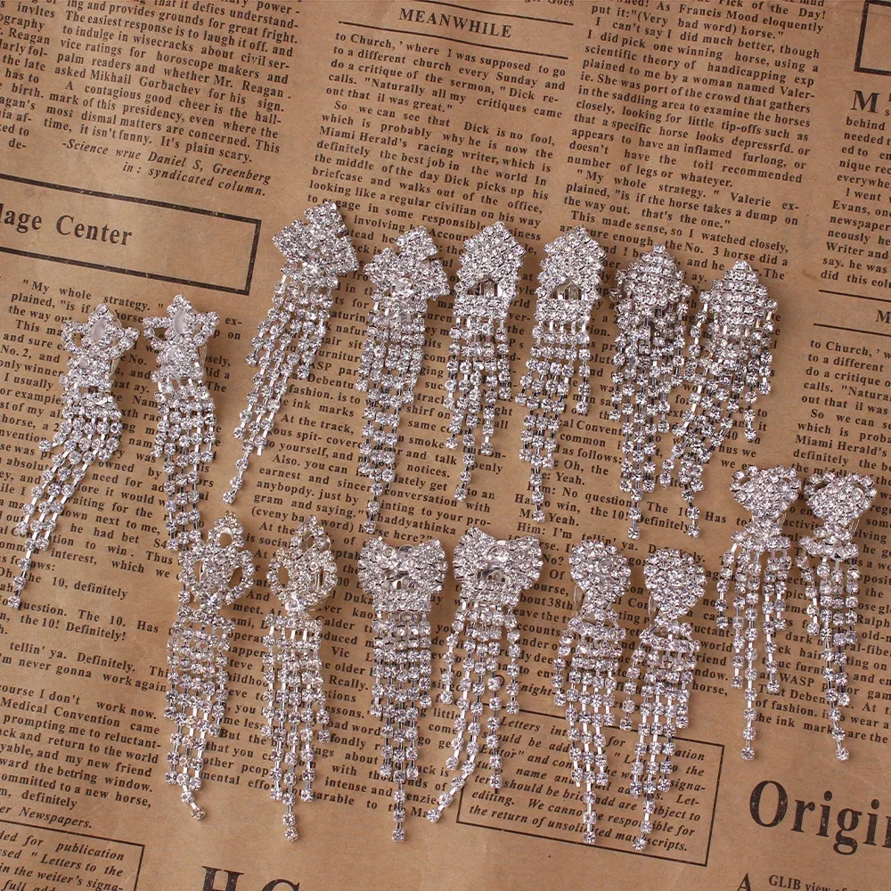Rhinestone Crystal Long Tassel Tear Drop Geometric Flower Clip on Earrings No Pierced for Women Hypo-Allergenic Earring