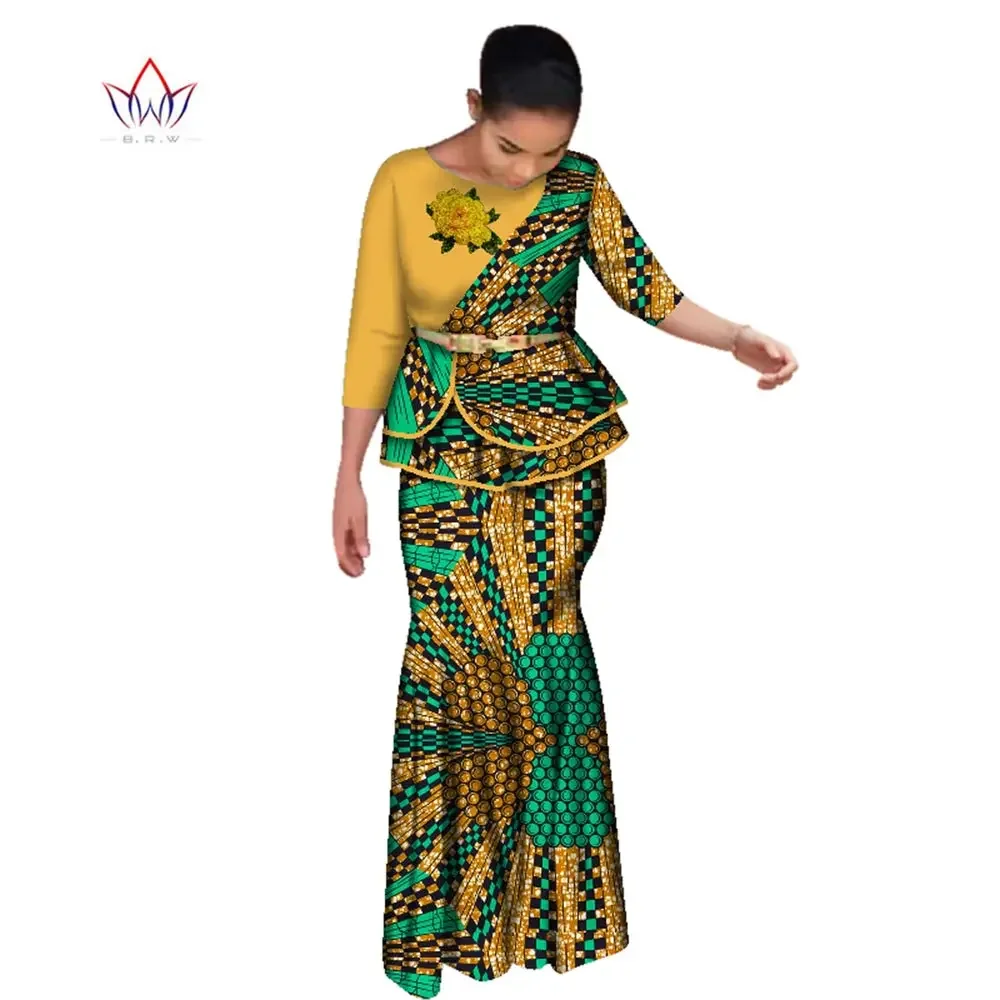 BRW Traditional African Clothes for Women Dashiki 2 Pcs Outfits Rose Applique Tops and Long Skirt Set Elegant Party Dress WY2642