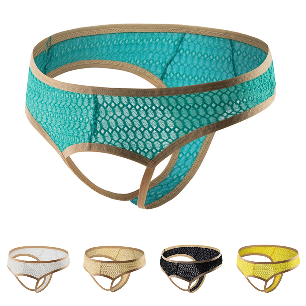 

Mens Sheer Lace Briefs Low Rise Pouch Sissy Underwear See-Through Thongs Breathable Elastic Open Crotch G-String T-back Panties