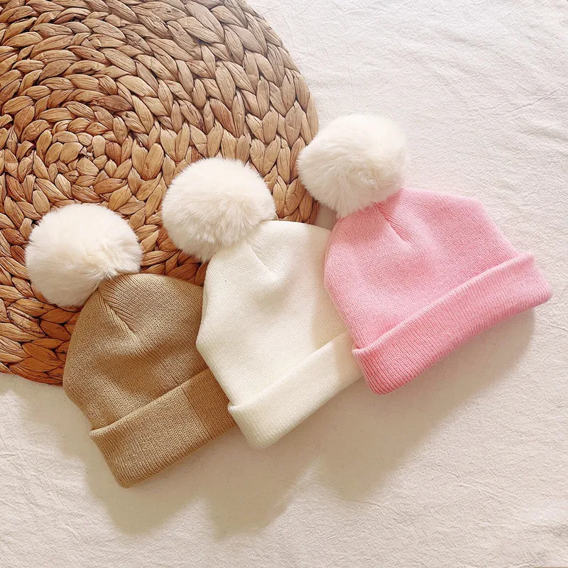 

Pom Pom Ball Knitted Beanie for Baby Girls Headwrap Newborn White Fur Ball Knit Bonnet Toddler Winter Warm Skullies Pink Hat