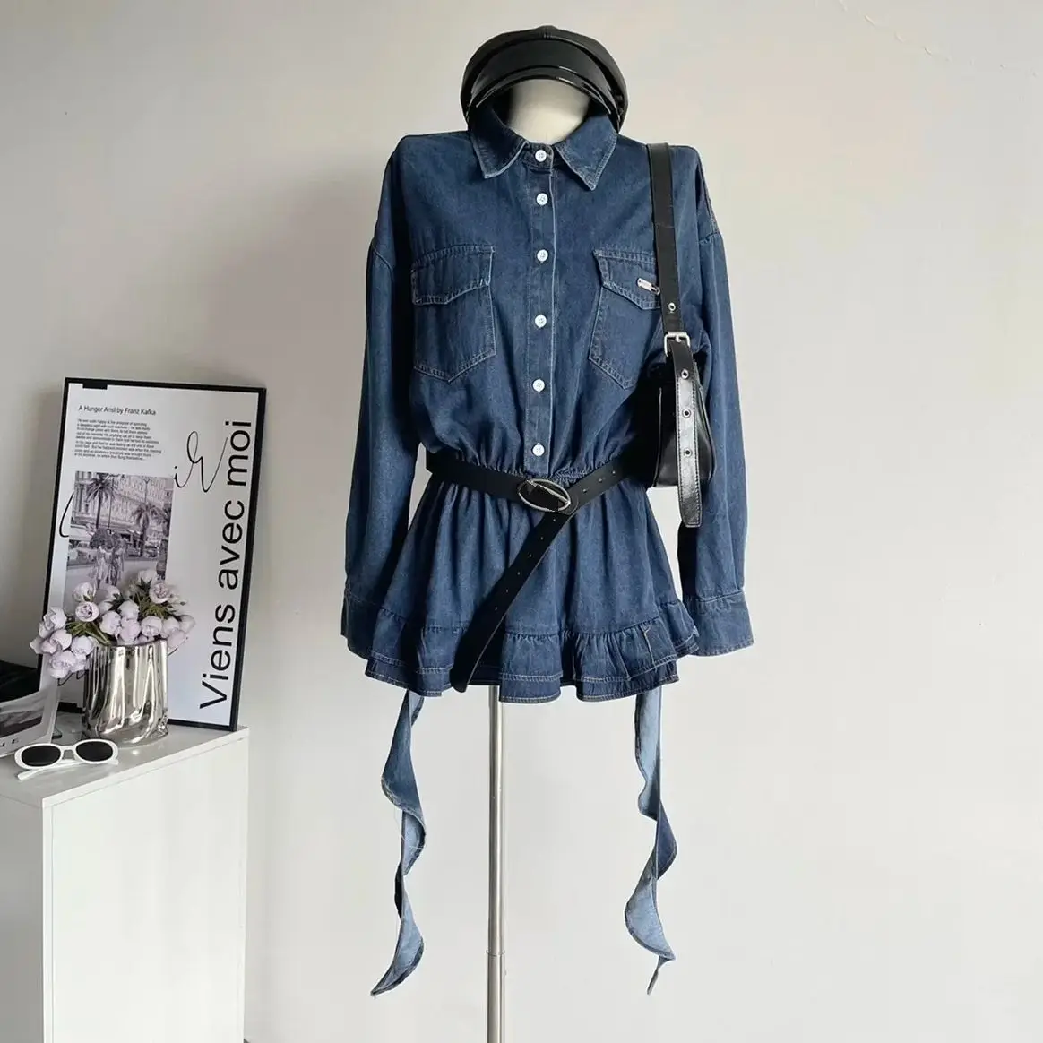 

Женское джинсовое платье-рубашка, темно-синее винтажное мини-платье с длинным рукавом и отложным воротником, весна-лето