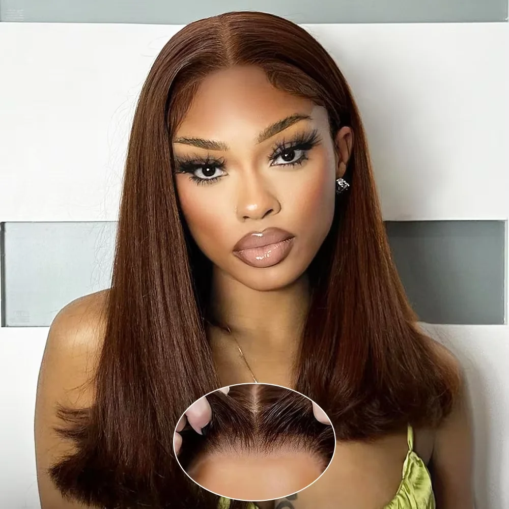 13x4 Bob Frontal Lace Wig Human Hair #4 Chocolate Fall Brown Bone Straight Raw Vietnamese 220 Density Human Hair Wigs 1