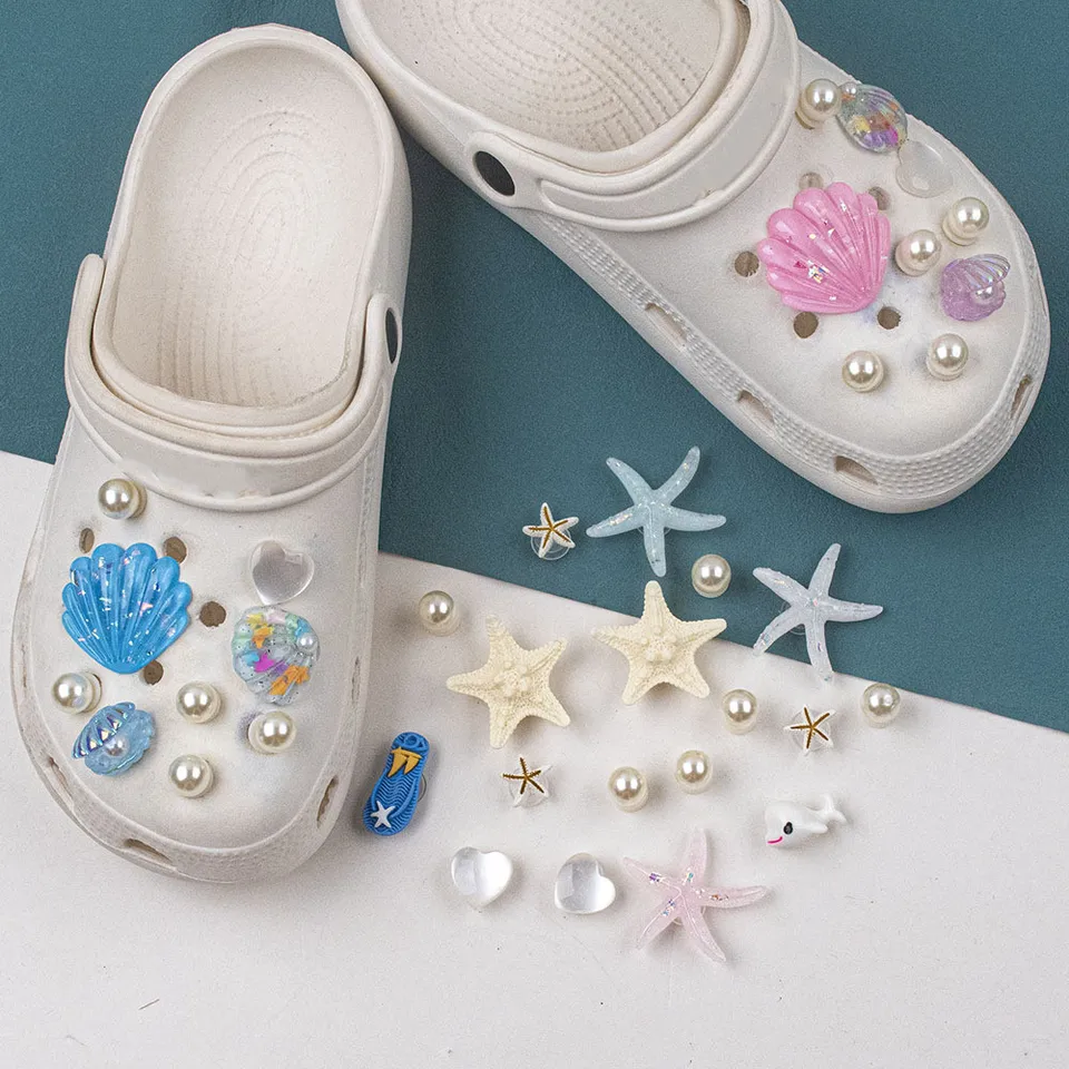 Breloques Chaussures été - Forme étoile De Mer Et Coquillage Bleu, En Plastique/résine - Pour Customiser Sandales, Espadrilles