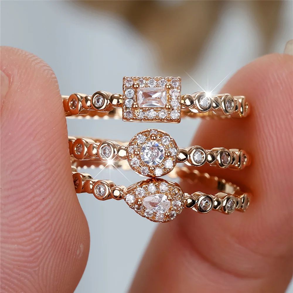 Crystal Female White Zircon Stone Ring Set Fashion Luxury Gold Color Bridal Wedding Engagement Jewelry For Women